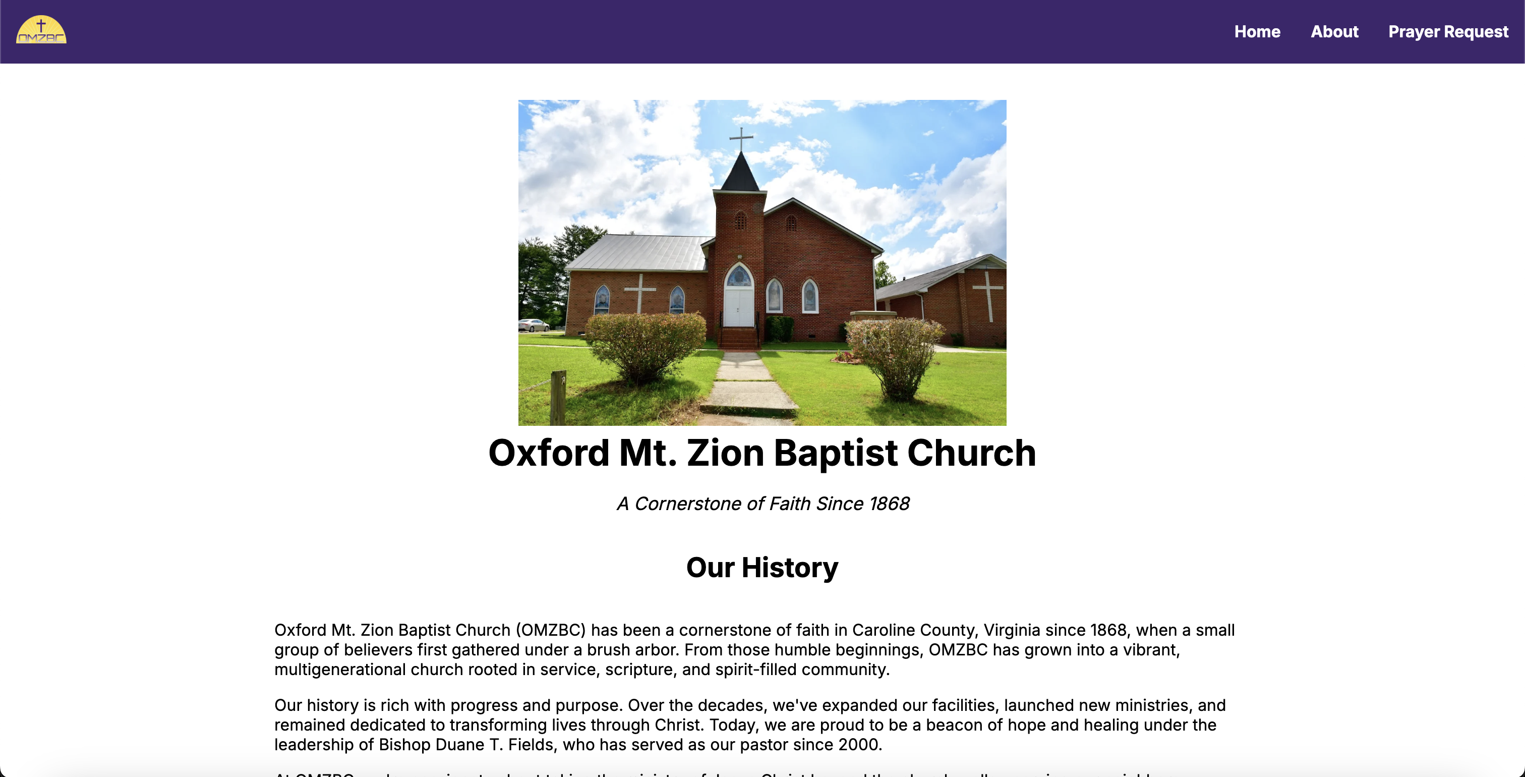 OMZBC About page hero section with a photo of the church building and Our History section