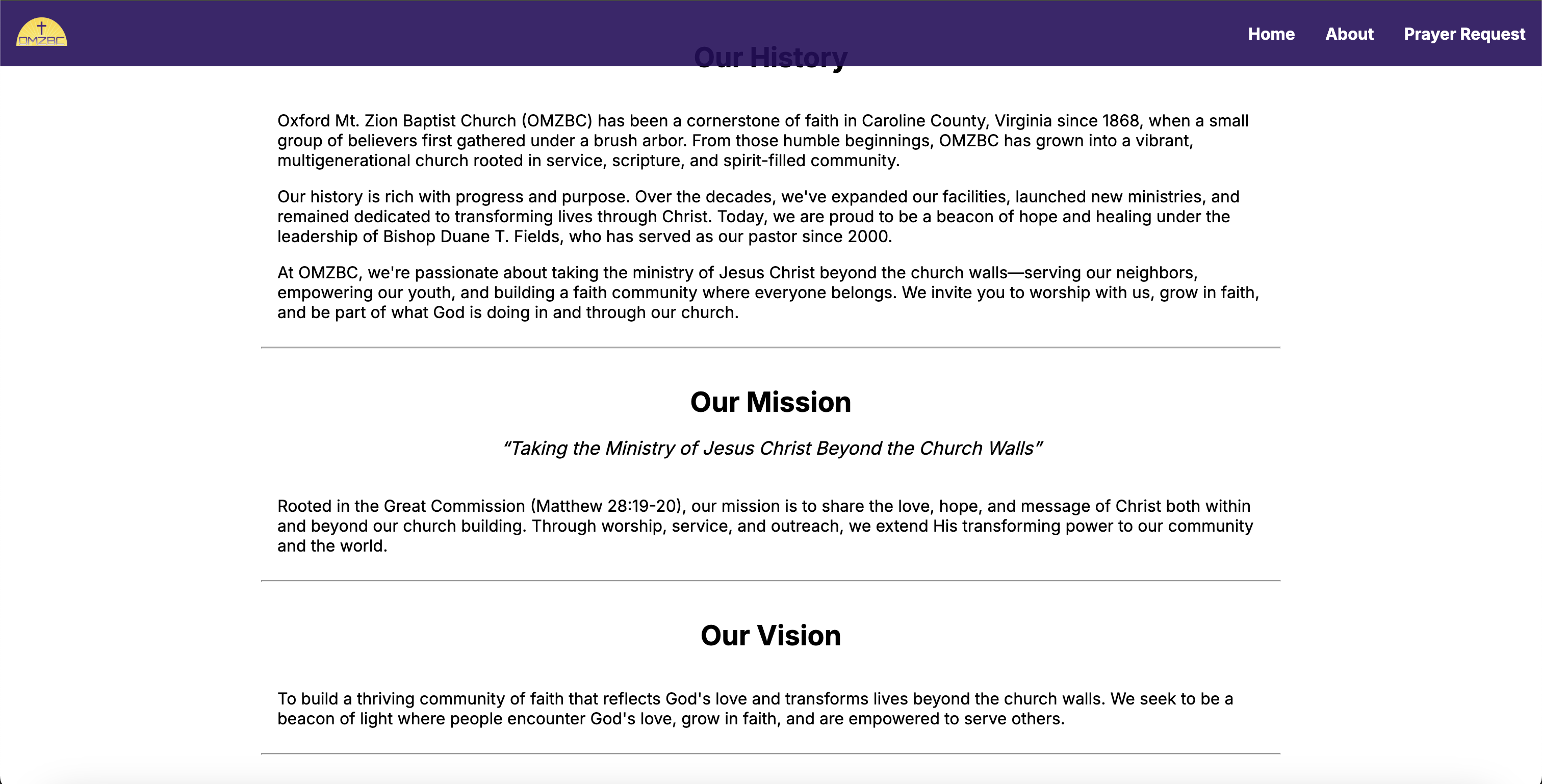 OMZBC About page continuing with the church's History, Mission, and Vision