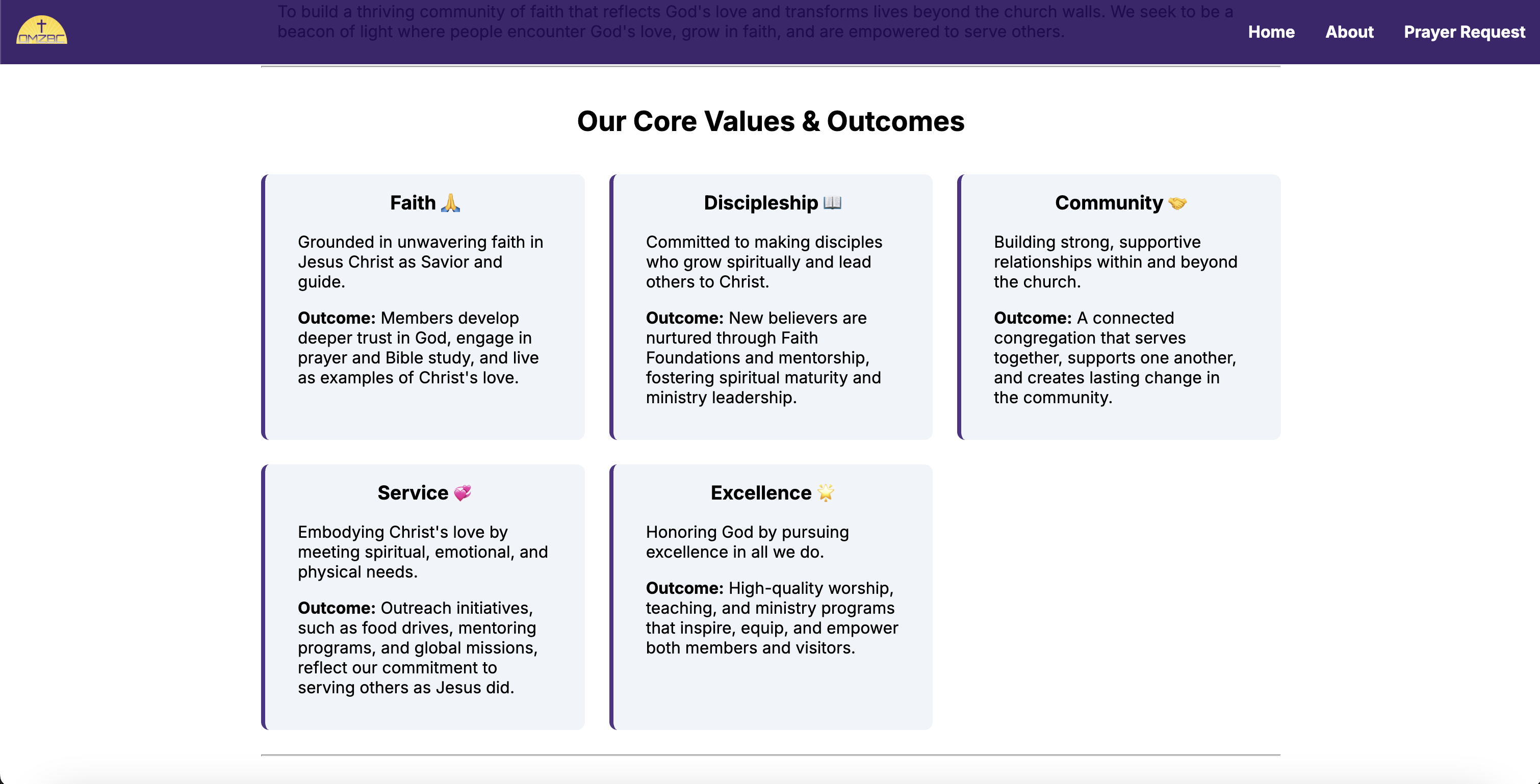 OMZBC About page Our Core Values grid