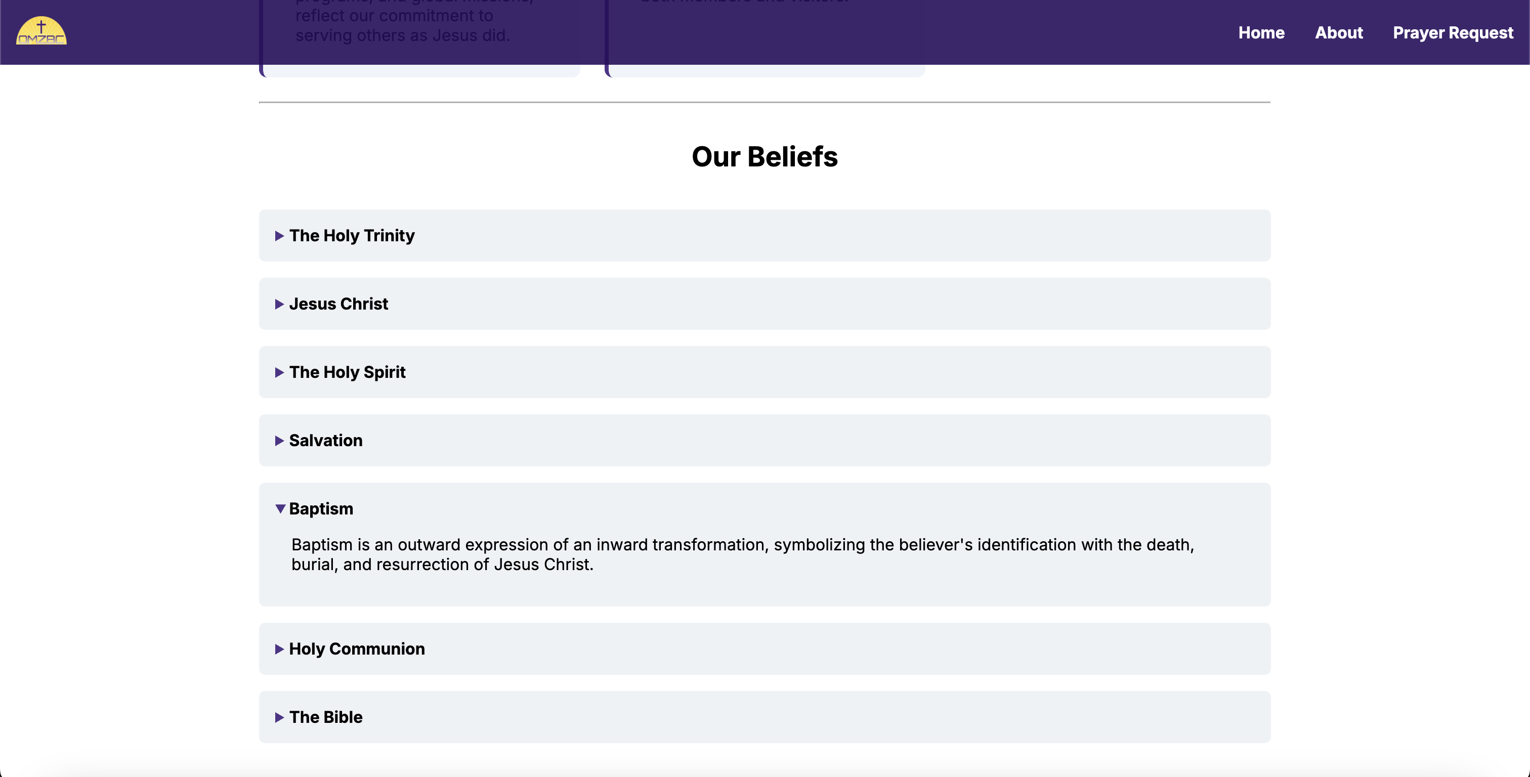 OMZBC About page expandable Our Beliefs accordion section