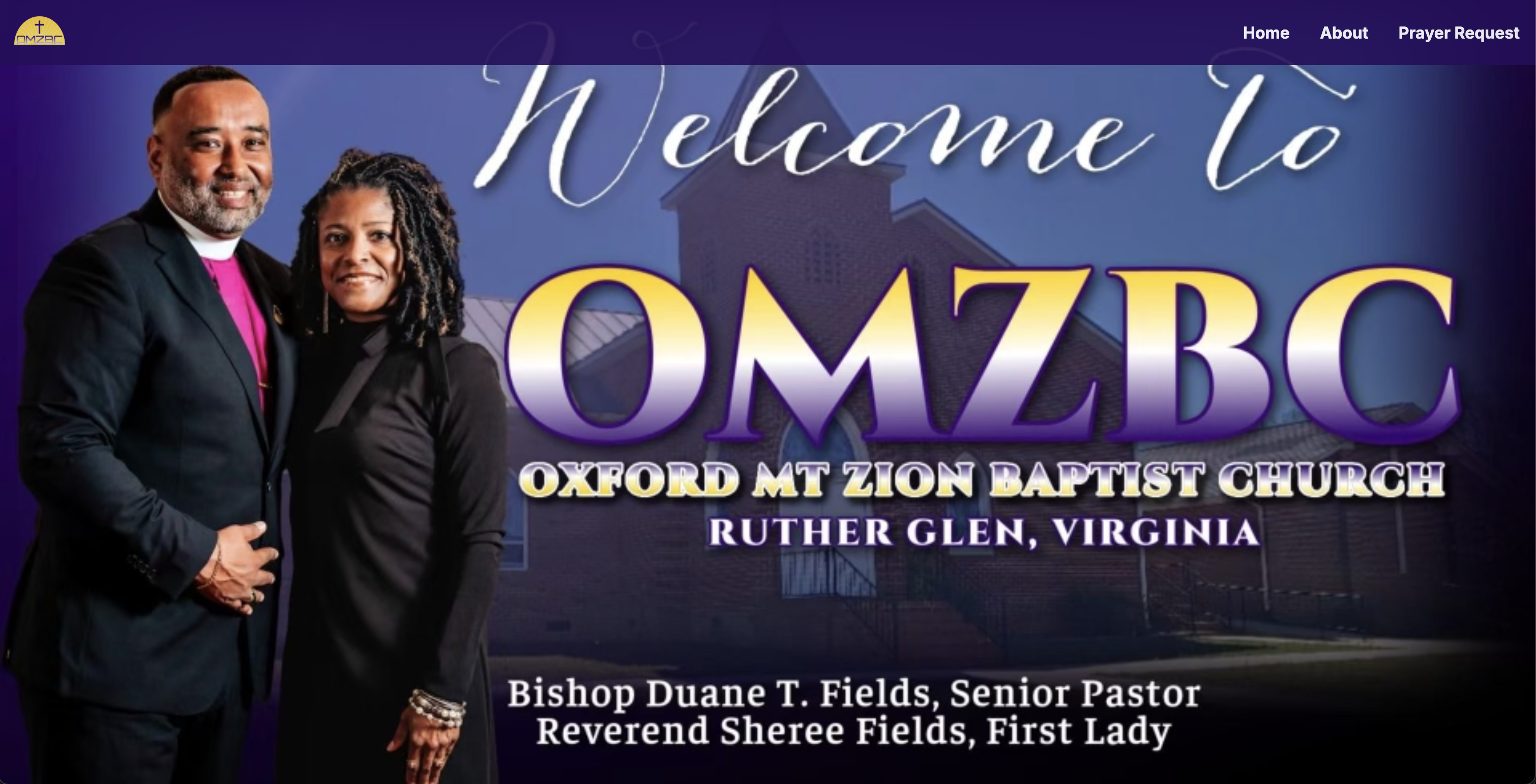 OMZBC homepage hero banner welcoming visitors, featuring the Bishop and First Lady