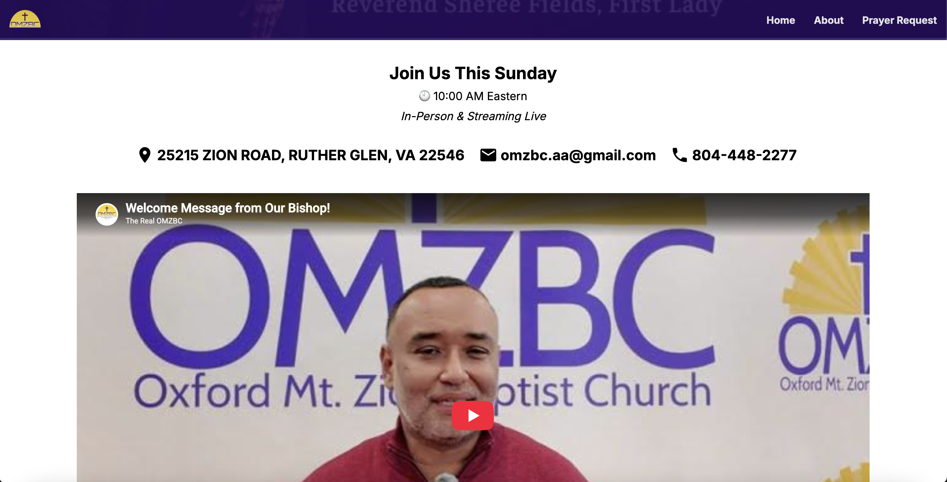 OMZBC homepage "Join Us This Sunday" section with service times