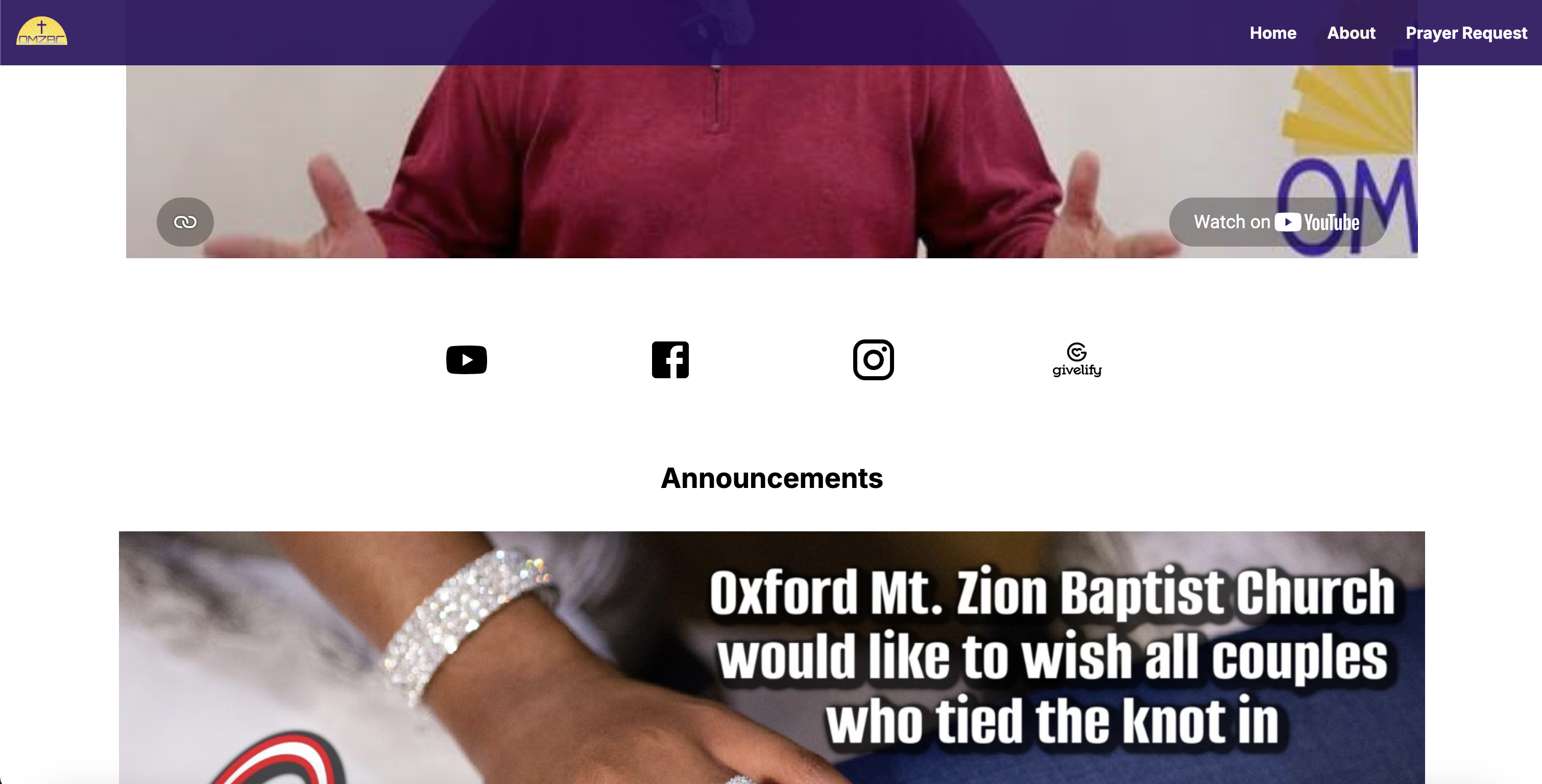 OMZBC homepage social media links and Announcements section
