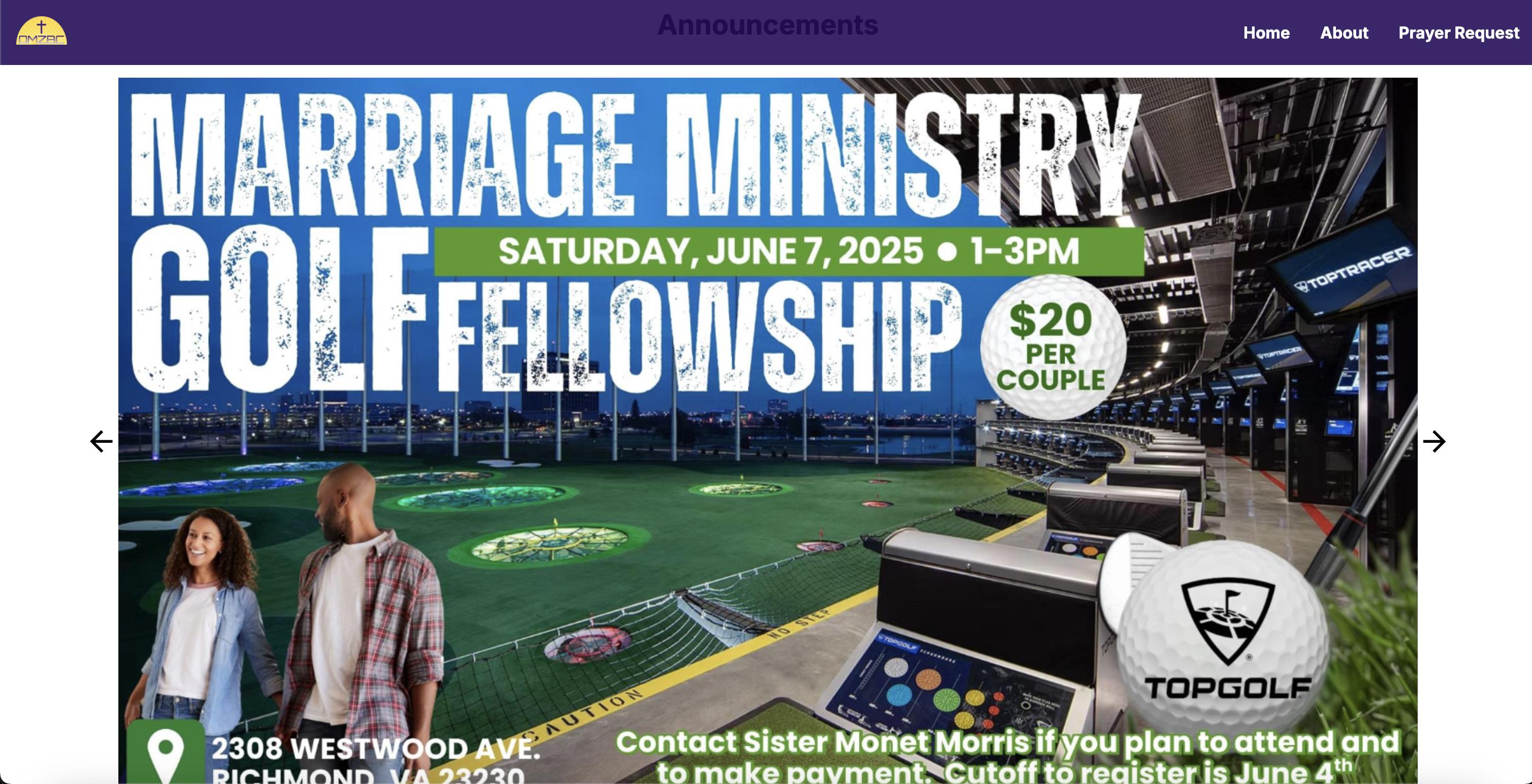 OMZBC announcements slideshow showing a Marriage Ministry Golf Fellowship event