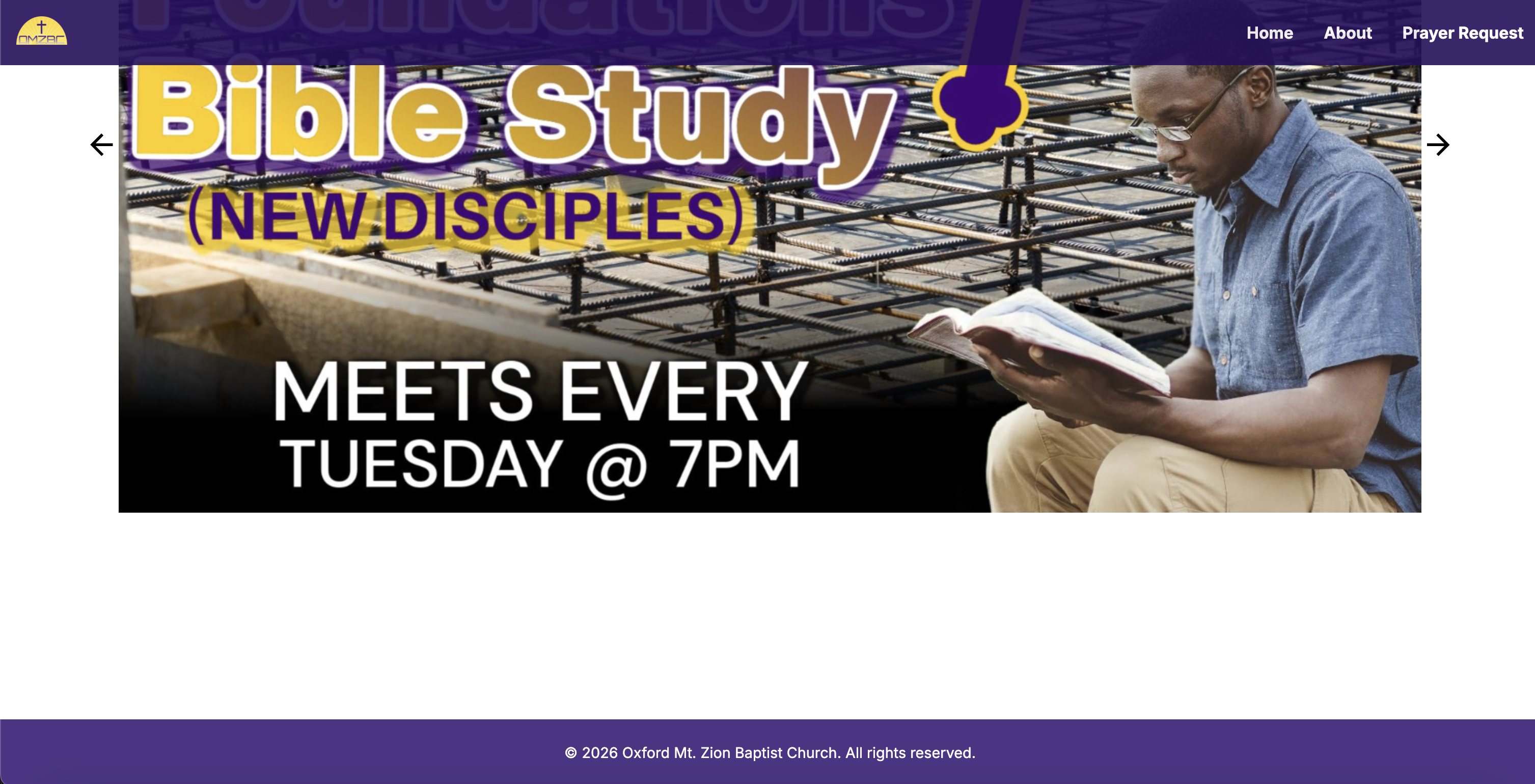 OMZBC announcements slideshow showing a Bible Study for new disciples event